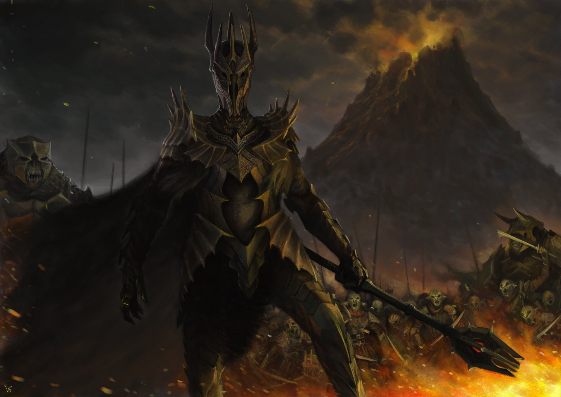 seigneur des anneaux sauron art laslolf bataille montagne feu armure masse troll orcs