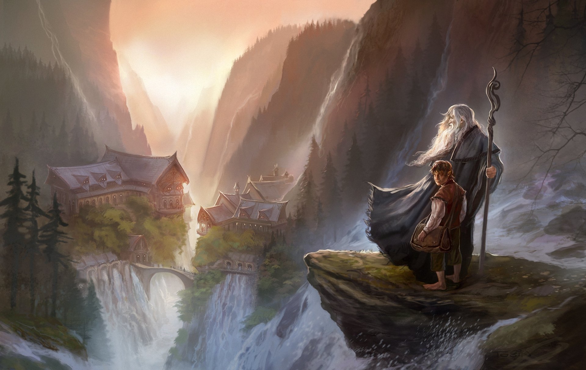 kunst hobbit unerwartete reise rivendell gandalf magier stab stadt felsen berge schlucht wasserfälle herr der ringe bilbo