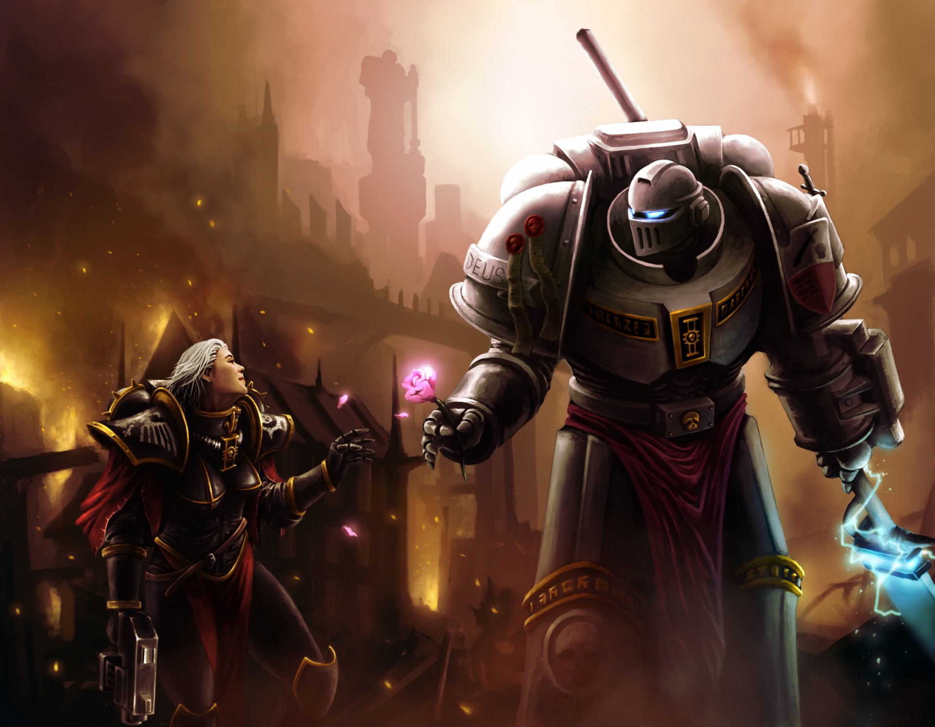 warhammer 40k space marines graue ritter raumfahrer inquisitor rüstung rüstung waffe feuer stadt rose