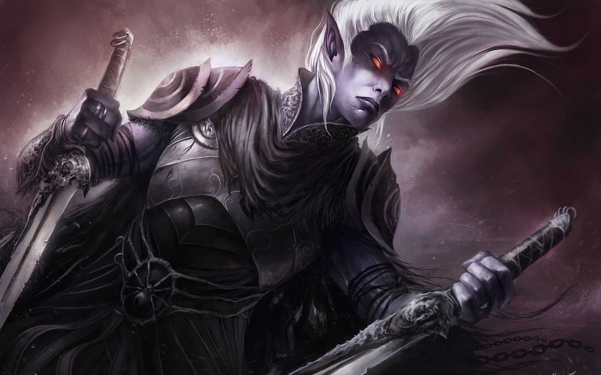 art elfe noir drow drizzt do urden yeux brûlants armure lames chaînes