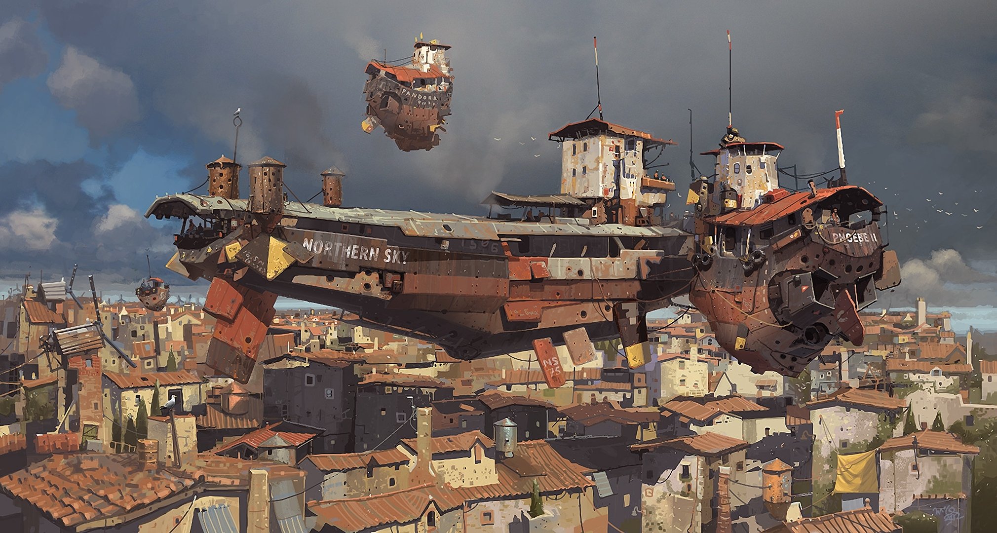 arte ian mcque città navi volare nel cielo case nuvole