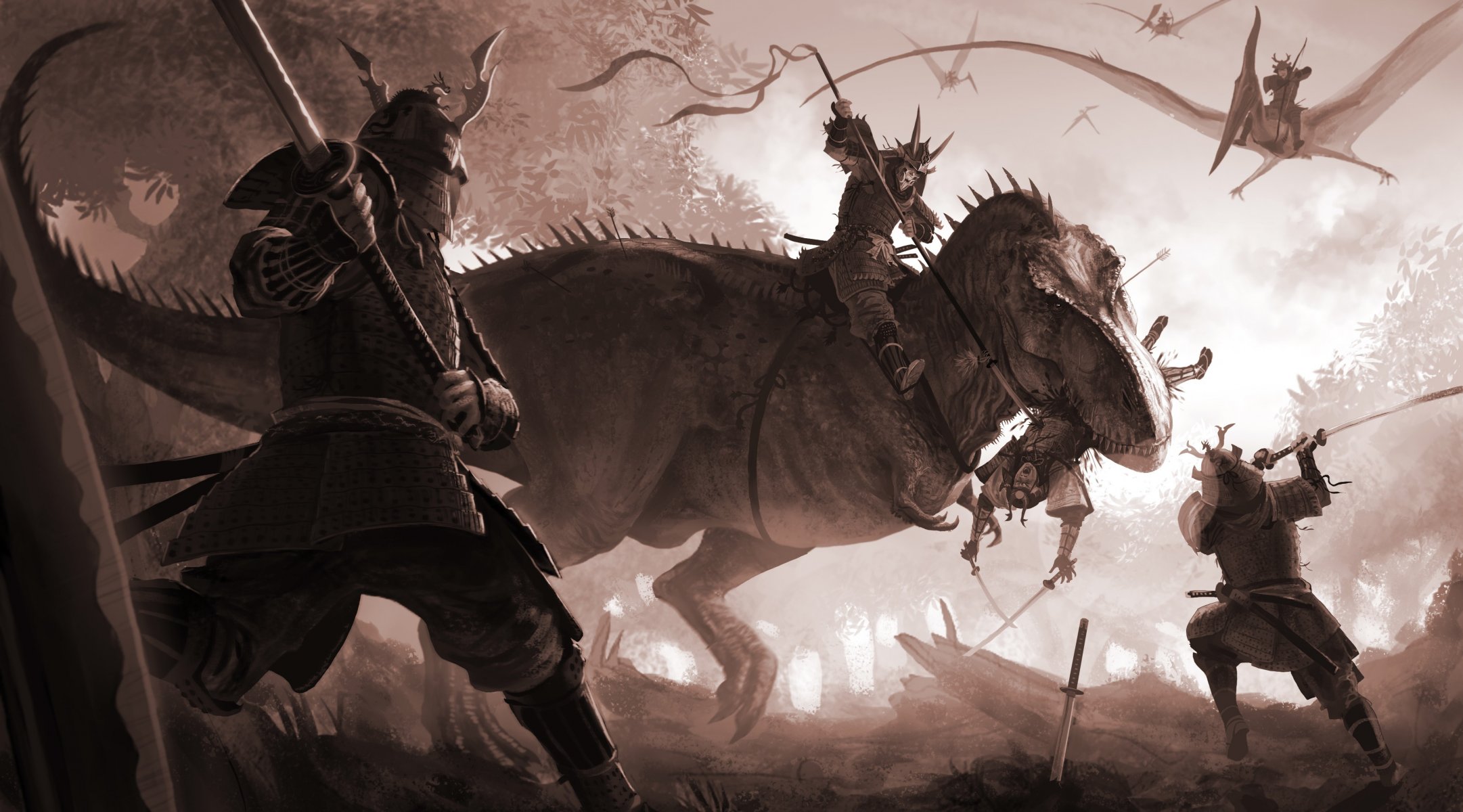 kunst arvalis t-rex samurai dinosaurier eidechse schlacht pterodaktyl katana schwert