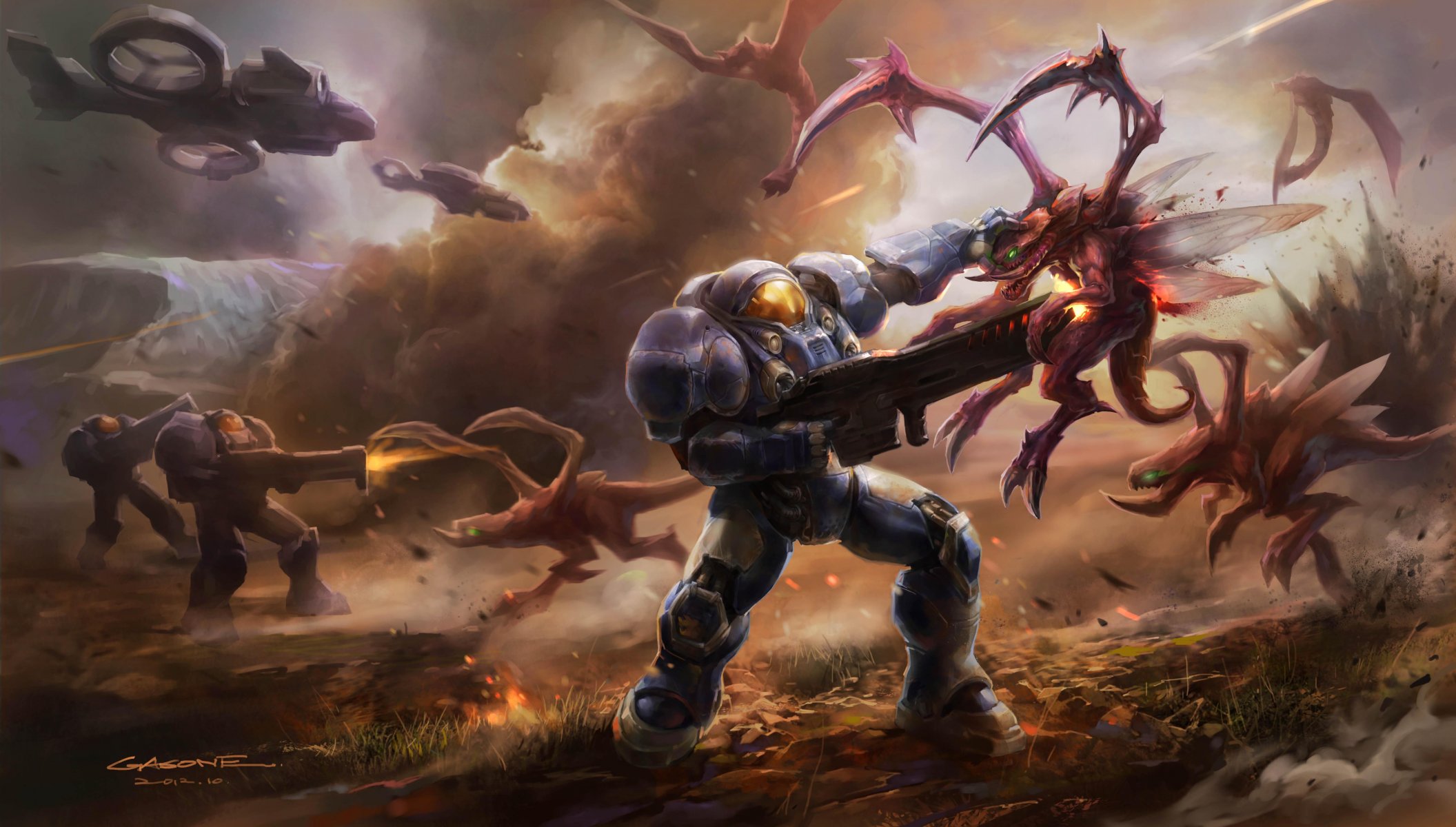 arte gasone starcraft ii guerra battaglia mostri armi tuta spaziale armatura navi trasporto