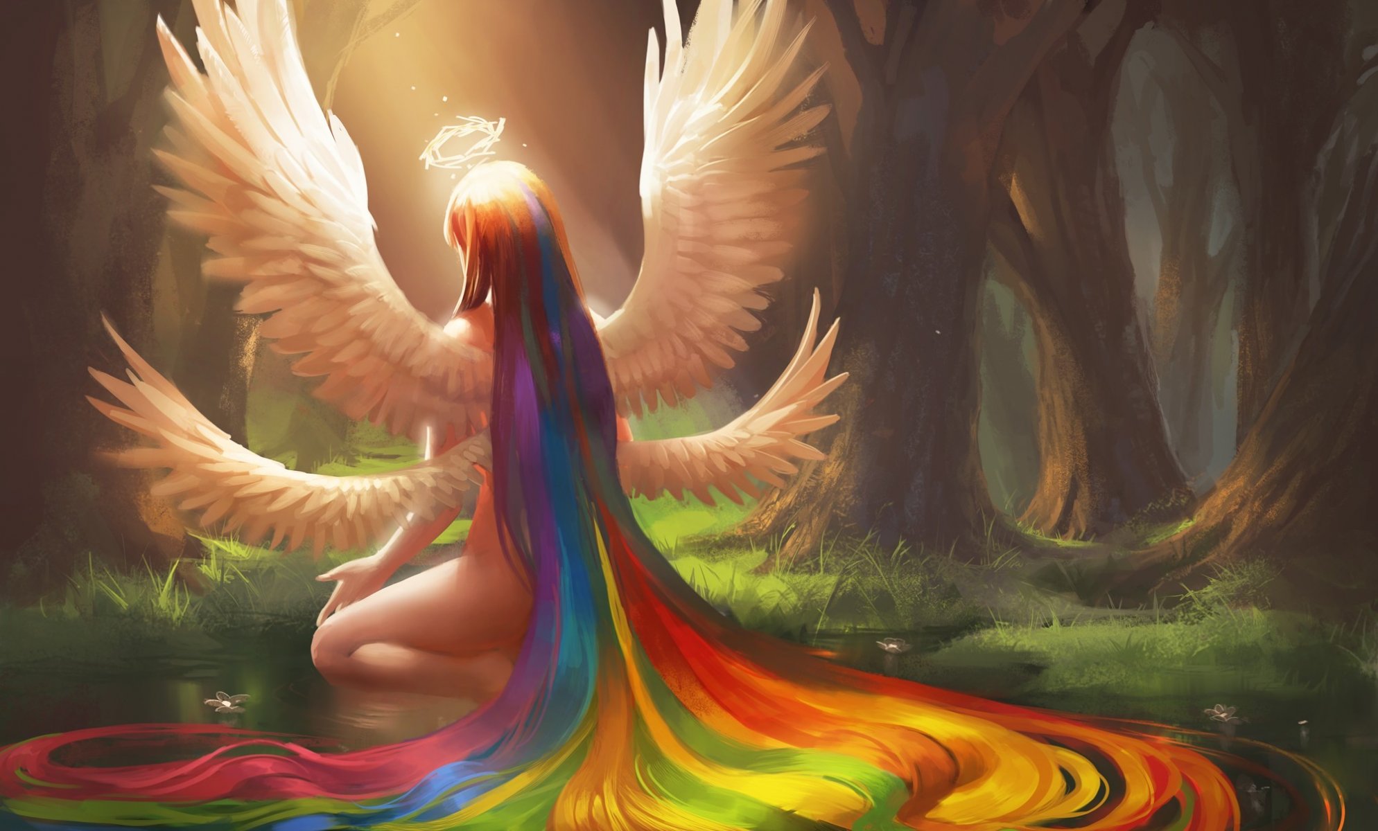 arte sakimichan chica arco iris pelo alas ángel halo bosque estanque agua flores sentado espalda