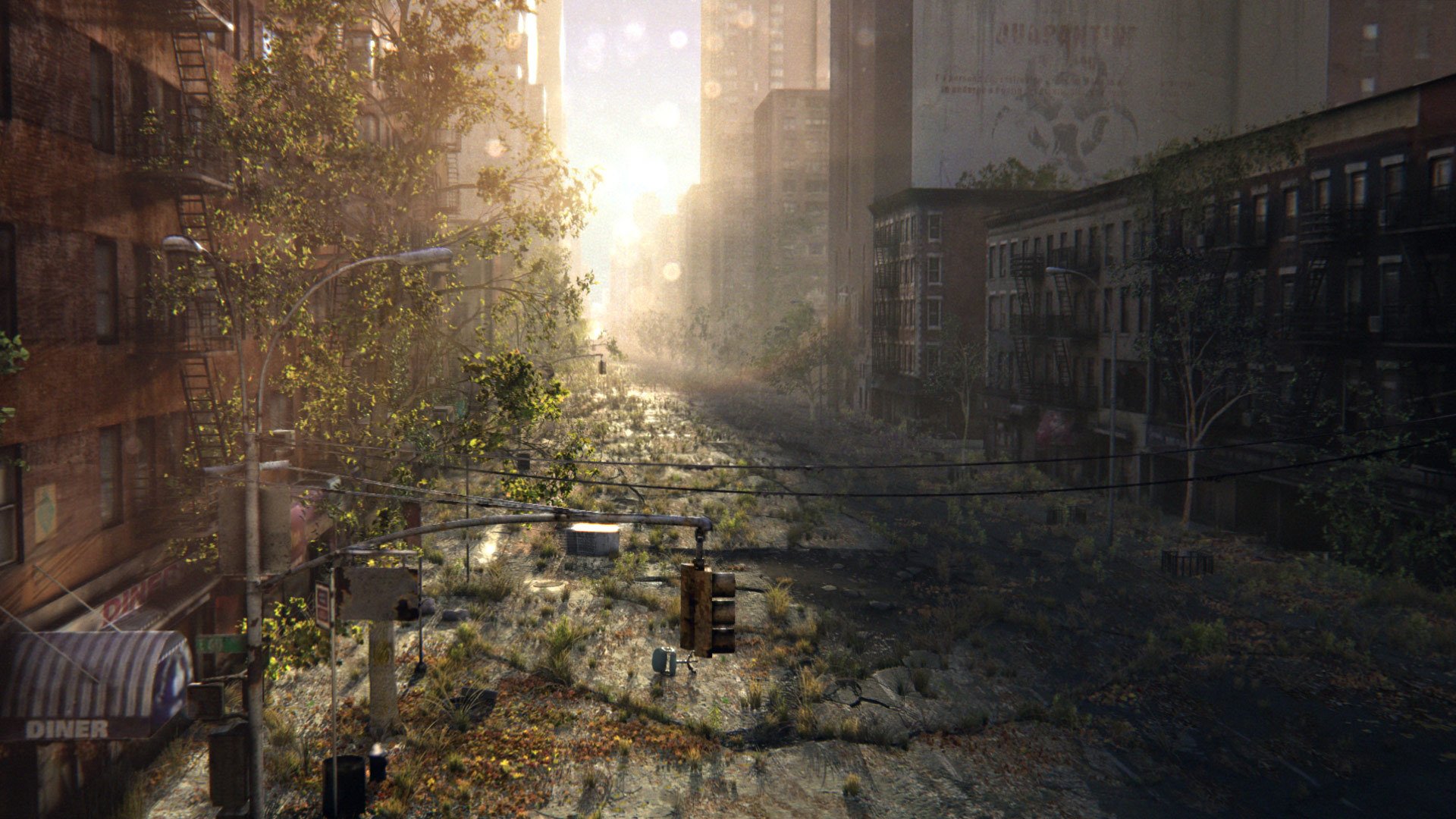 art josiah town abandonment ruins street thickets of the crack sunrise post-apocalypse