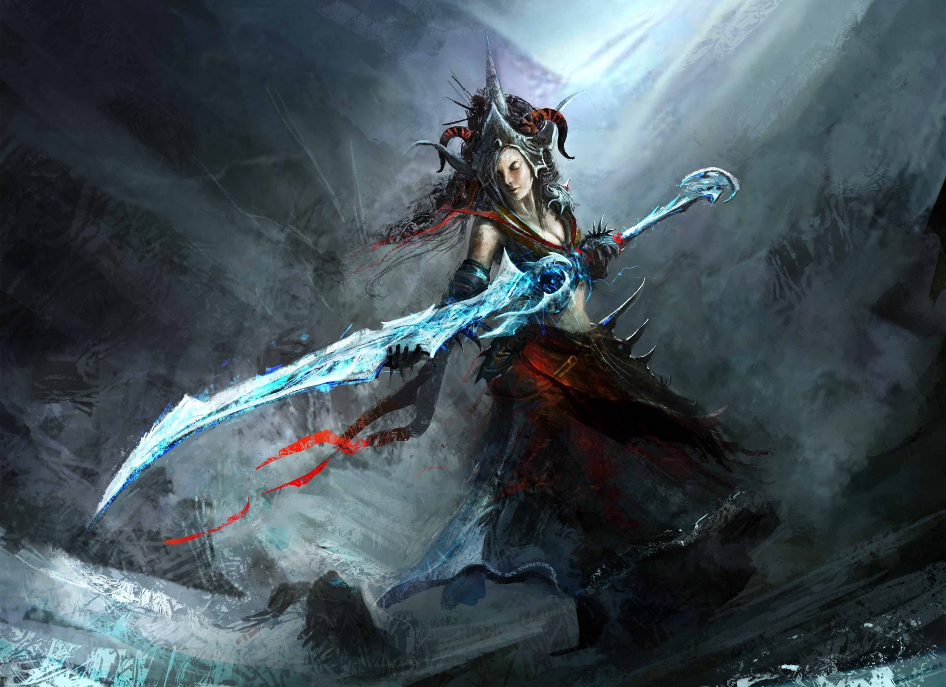 art girl sword weapon crown horn cool