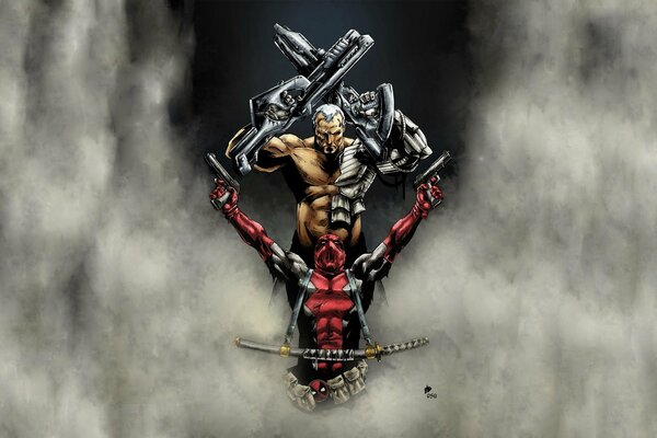 Deadpool y Cable en la niebla con armas