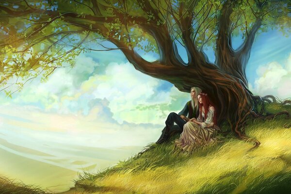 A couple in love under a spreading tree