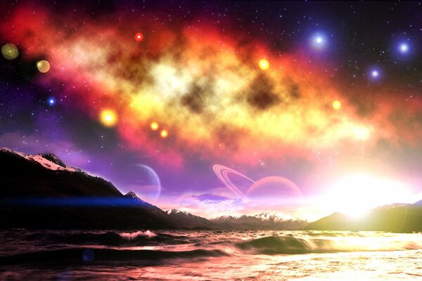 Fantastica immagine delle montagne e del cielo cosmico