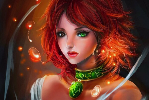 Fille Rousse avec un pendentif vert et des yeux différents