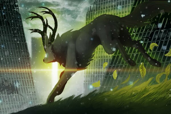 A wolf with deer antlers runs across the grass to an abandoned city