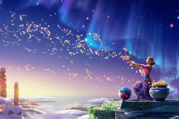 A girl and the northern lights in rose petals
