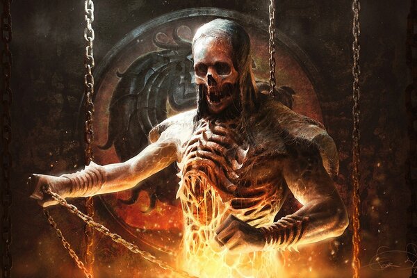 A skeleton in chains burning in fire