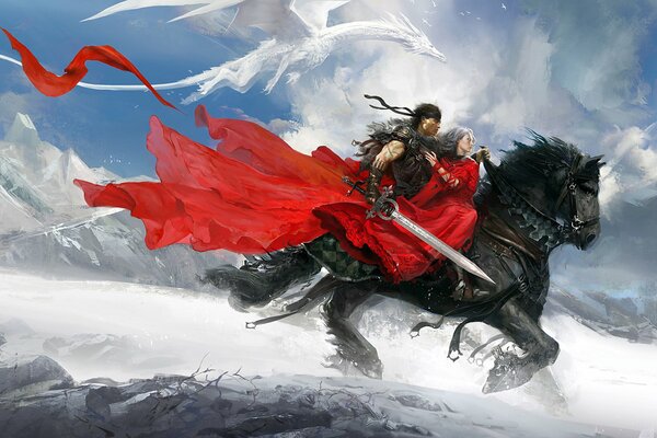 A warrior carries his companion on a black horse on a winter landscape