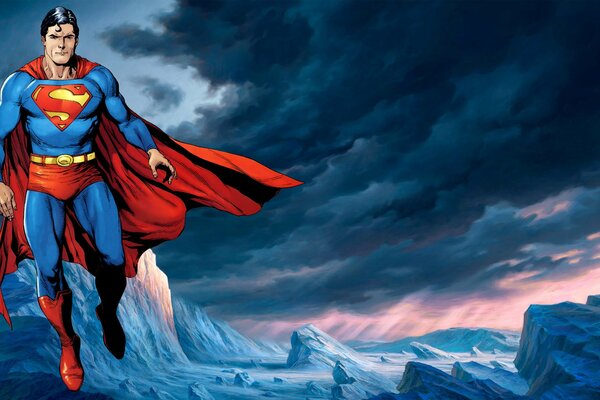 Superman im Mantel schwebt über den Bergen