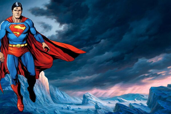 Superman en una capa se cierne sobre las montañas