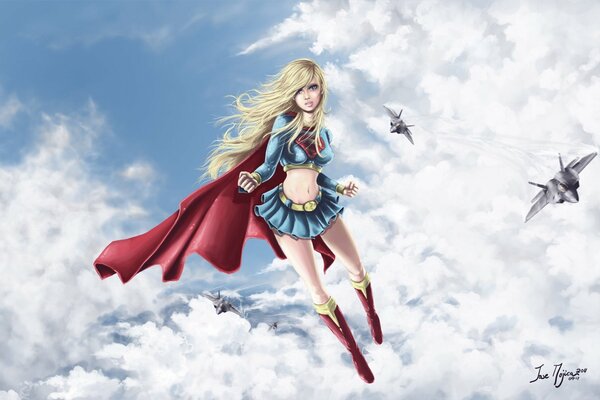 Supergirl in a suit soars in the clouds