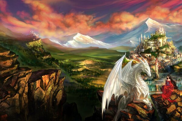 Fantasy landscape of mountains with a white dragon