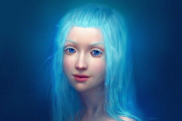 A girl with blue hair, eyes and eyebrows