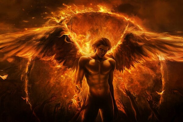 A man with a beautiful torso and fiery wings