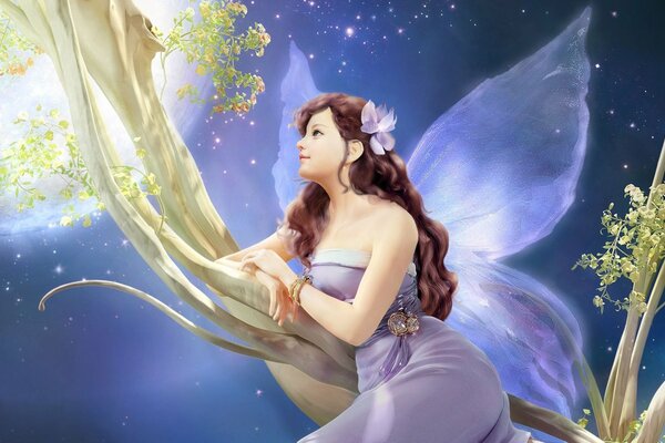 Девушка с крыльями ночная фея, сидящая на ветке цветка