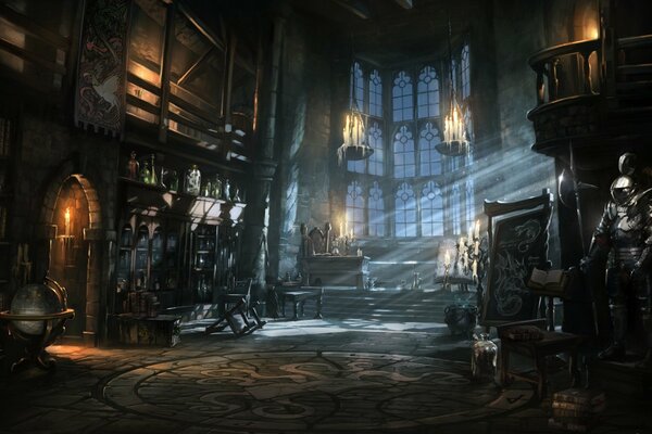 La biblioteca ha diversi libri :il libro degli incantesimi, sui cavalieri, sull armatura e, soprattutto, la biblioteca deve essere un globo, candele, perché di notte è buio e Vasi per pozioni