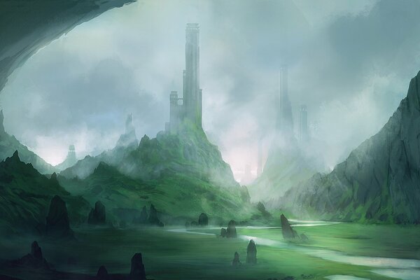 Misty landscape with a tower