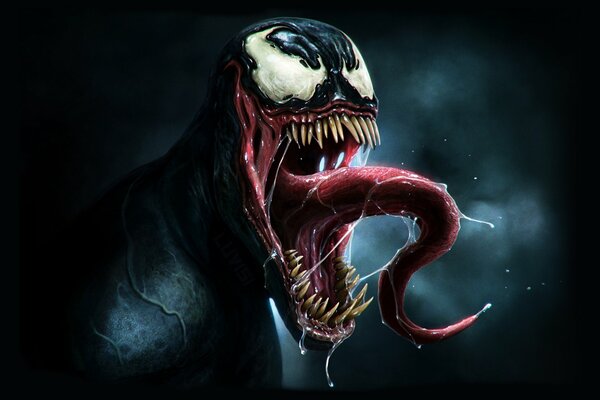 Venom has terrible teeth, a big-eyed and tongue-tied type, strong and powerful