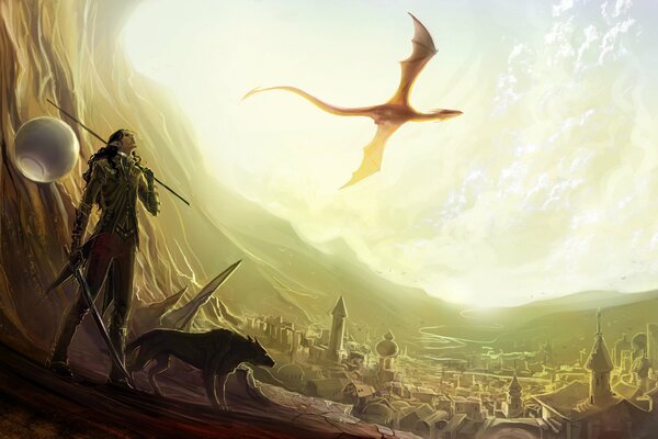 The dragon hovers over the city and the traveler