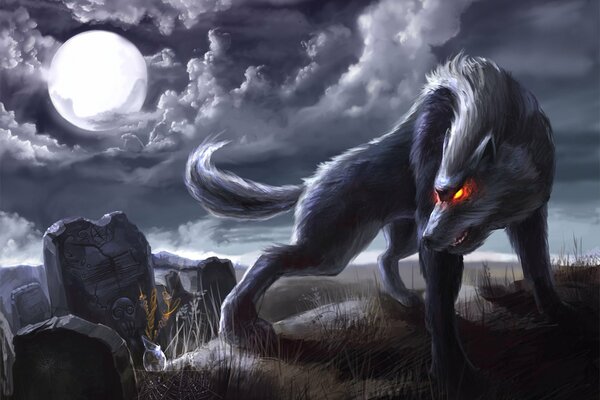 A wolf with burning eyes on a full moon