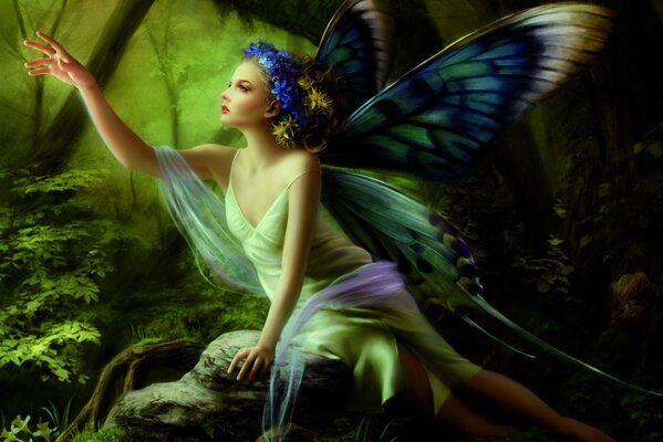 Fairy girl in the forest with butterfly wings