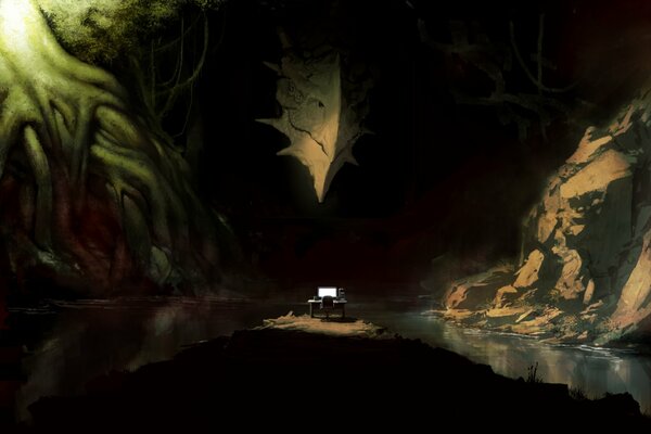 Computer in einer Höhle vor dem Hintergrund eines Drachen
