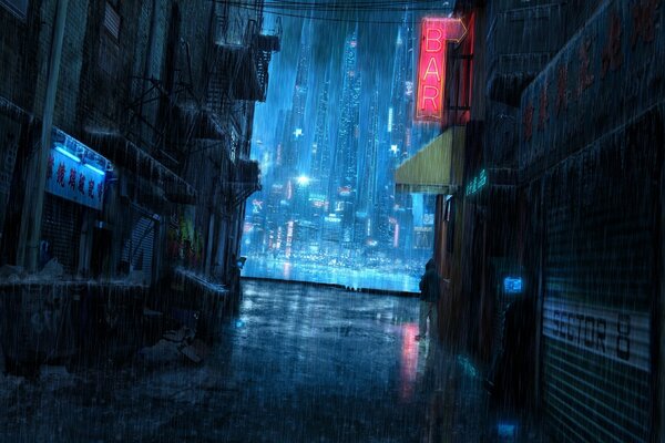 Eine Nacht regnerische Stadt im Cyberpunk-Stil