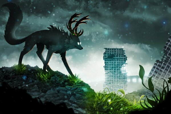 Loup de conte de fées avec des bois de cerf parmi les gratte-ciel en ruine