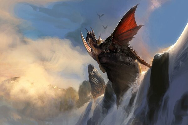 Art de la cascade avec un dragon sur un rocher