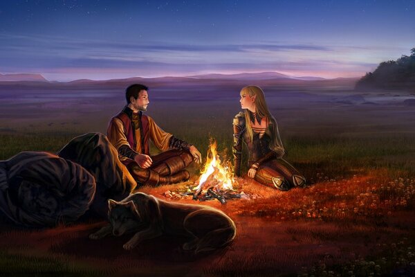 Hombre y elfo frente al fuego por la noche