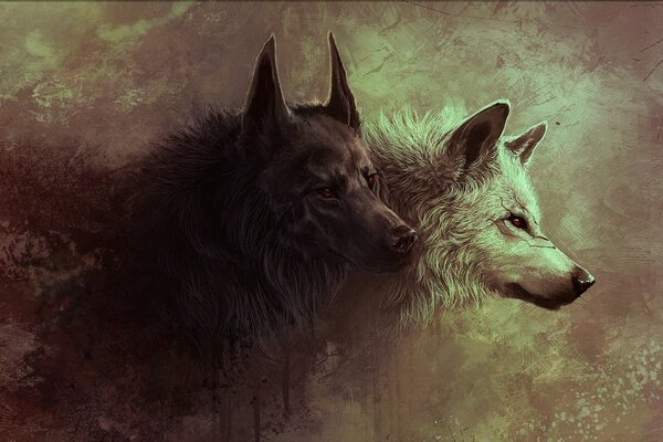 Black wolf and white wolf