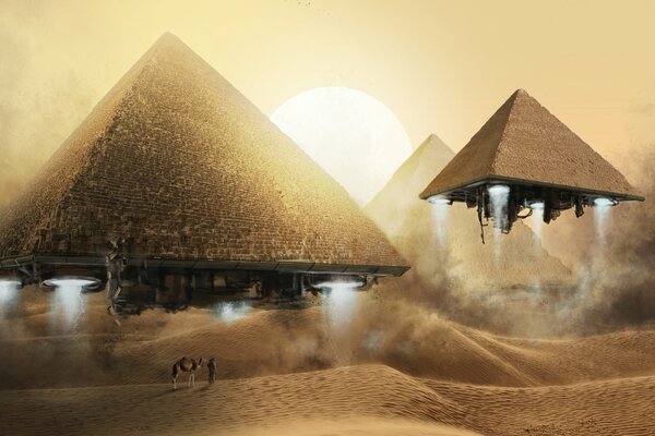 Flying pyramids in the desert under the sun