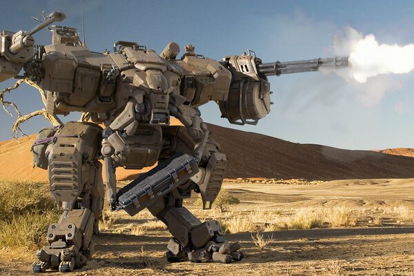 Roboter, der mit Feuer durch die Wüste geht