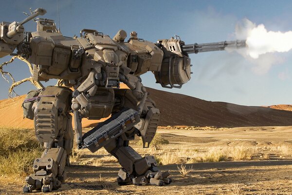 A robot walking through the desert with fire