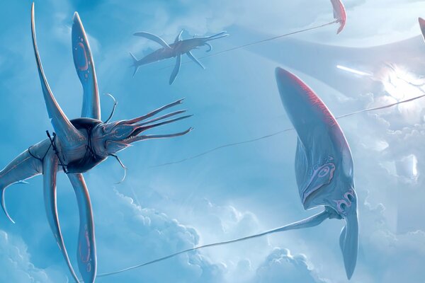 Flight of alien creatures with tentacles