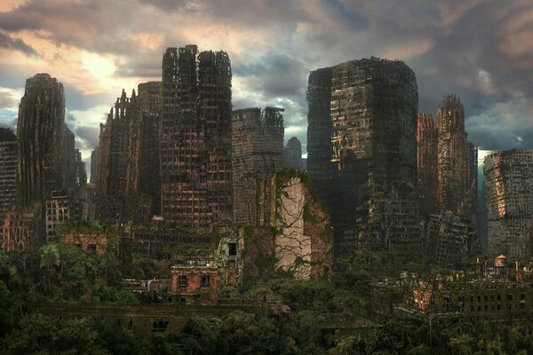 Post-apocalyptic ruins of a city in lianas