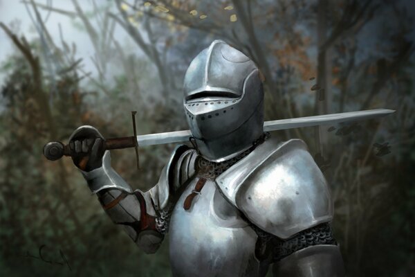 A knight in armor with a blade on his shoulder