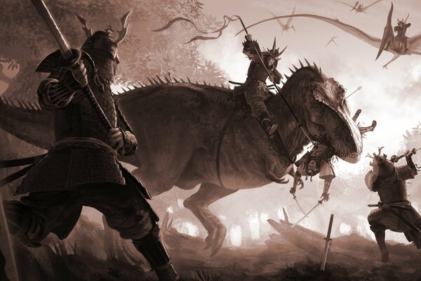 Batalla de guerreros con espada contra dinosaurio