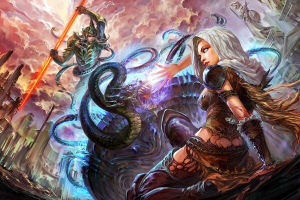 A fantastic girl in a battle with a snake