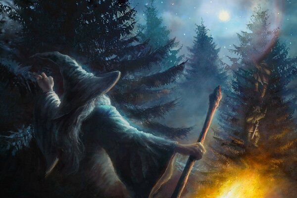 Wizard Gandalf with a staff in his hand extinguishes a night fire in Likholesye