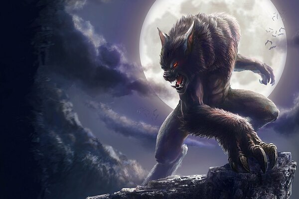 A werewolf with a full moon flies off a cliff