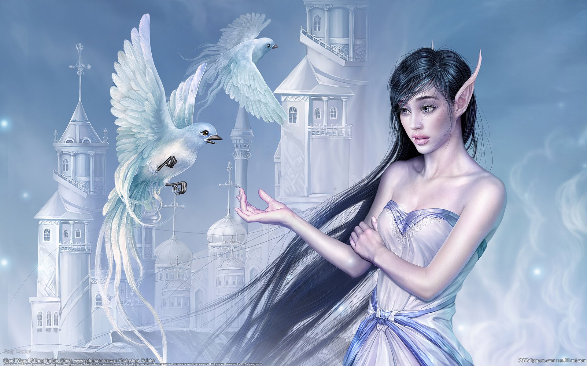 cg wallpapers tang yuehui china cloud wizard fantasy elf girl birds castle oriental beauty cloud fairy computer graphics wallpaper