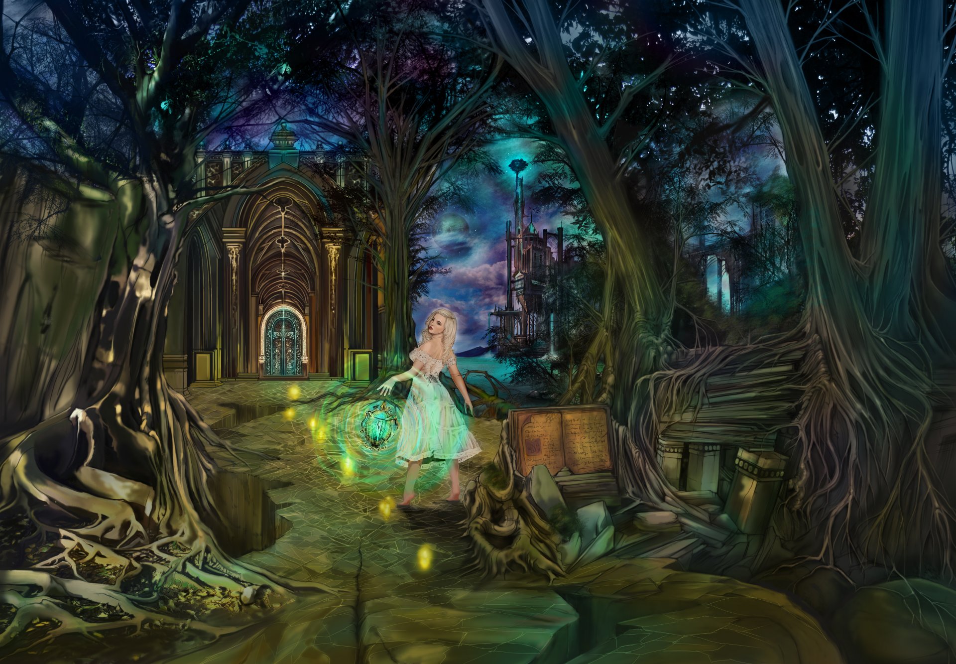 dreamkeeper fairy tales fantasy magic girl miracles castle gate ancient book night moonlight fairy tale magic enchanted forest girl fairy keeper of dreams forest lantern fireflies lights trees branches sky path road zamo