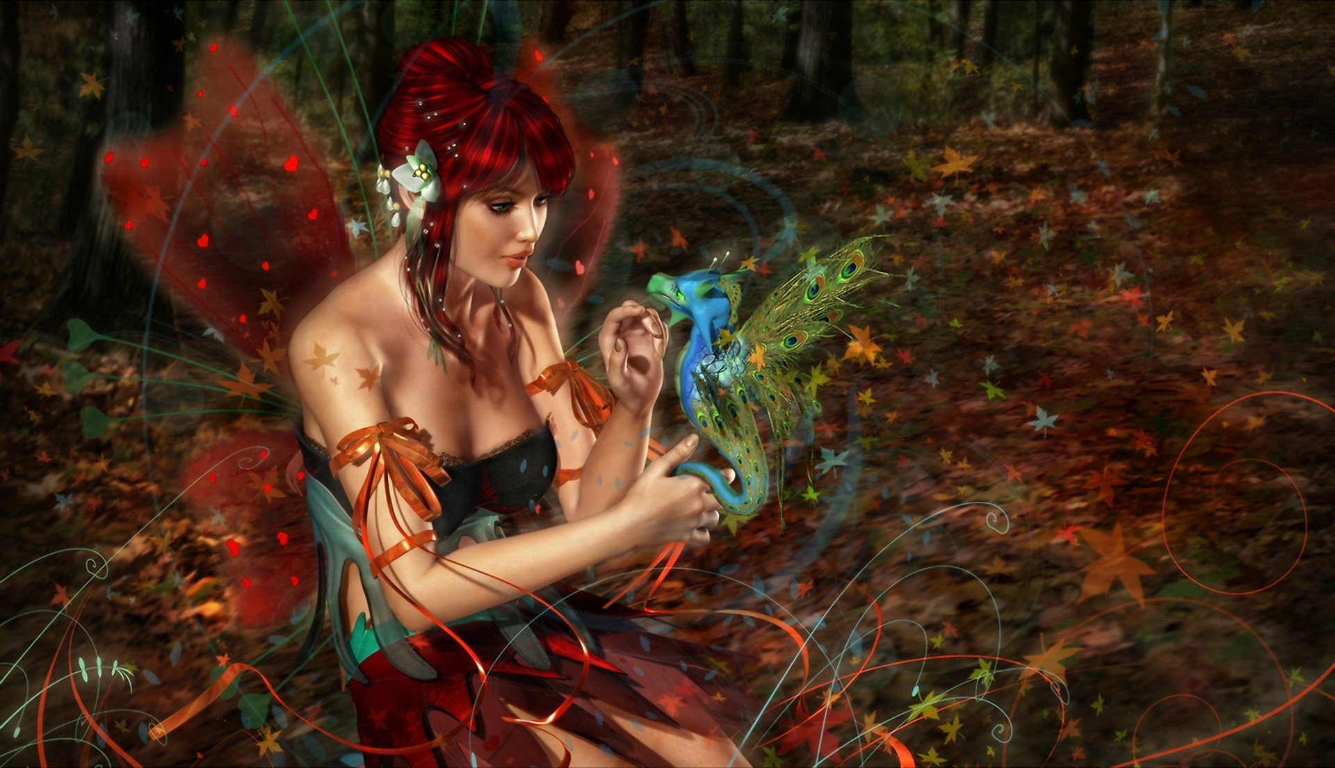 3d art girl fairy red dragon wings forest